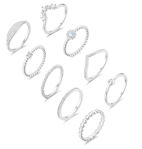 PLOMFOV 14K Silver Plate Stacking Rings Set for Women V Opal Flower CZ Rings Simple Thumb Thin Stackable Rings Silver Statement Rings Plain Band Size 4-11 - Image 1