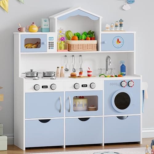 Keyluv Wooden Play Kitchen for Kids and Toddler, Montessori Toy Kitchen Playset with Plenty of Pretend Play Features and Storage Drawers, Gift for Boys and Girls, Blue - Image 1