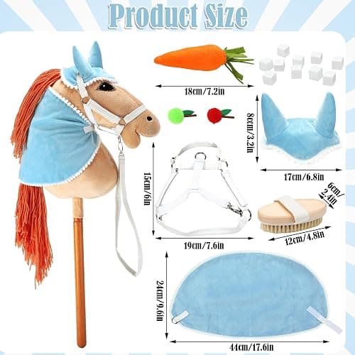 Teyva Daily 8 Pcs Hobby Horse Bridle Kit Include Horses Ear Bonnet Blanket Halter Sugar Cubes Red Green Apples Carrots Brush Saddle Belt Equestrian Enthusiast Gift, Hobby Horse Not Include thumbnail 2