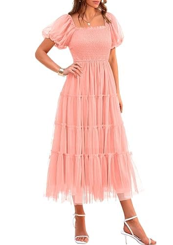 PRETTYGARDEN Women's Smocked Midi Tulle Dress 2026 Summer Puffy Short Sleeve Square Neck Ruffle Wedding Guest Party Dresses - Image 1