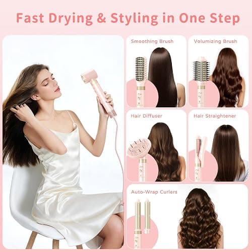 Hair Dryer Brush 8-in-1 Dual Voltage Hot Air Styler – Fast-Drying 110,000 RPM Ionic Blow Dryer with Straightener & Curler Attachments, Frizz-Free Volumizing Styler with Protective Hard Case-Pink thumbnail 2