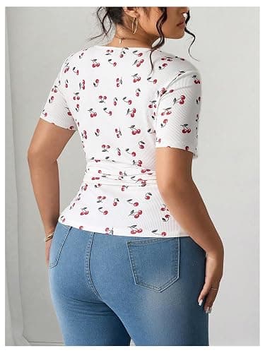 SOLY HUX Women's Plus Size Lace Trim Tops Cherry Print T Shirts Short Sleeve Fitted Aesthetic Tees Coquette Clothes thumbnail 2