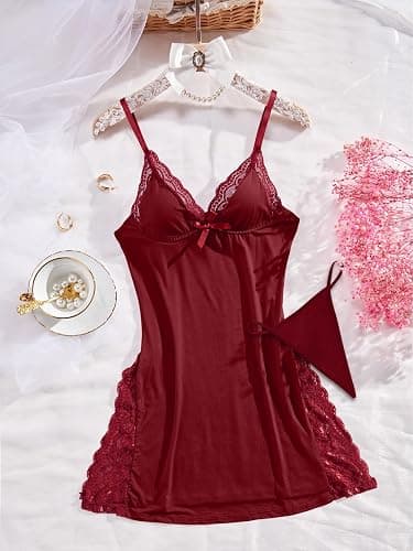 Foxiny Sexy Split Side Floral Lace Trim Full Slip Night Gown Babydoll Lingerie Dress with Thong 2 piece thumbnail 5