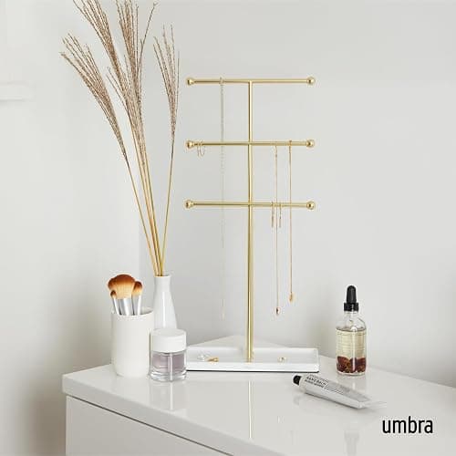 Umbra Trigem Jewelry Stand, Tiered Necklace Holder, Steel, White/Gold | Multi level design, tangle free solution, doubles as accessory tray, padded scratch protection thumbnail 2