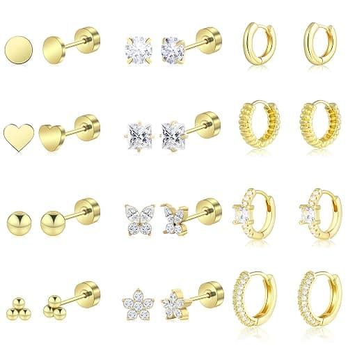Wgoud 12 Pairs Hypoallergenic Surgical Steel Earrings for Sensitive Ears Waterproof Trendy Gold Plated Small Stud Flat Back Stainless Steel Earrings for Women Men Hoop Cartilage Earring Set for Multiple Piercing - Image 1