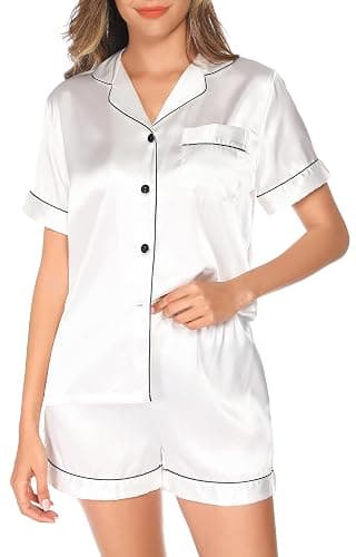 Vlazom Damen Satin Schlafanzug Kurzarm Satin Pyjama Set mit Knopfleiste Zweiteiliger Hausanzug thumbnail 7