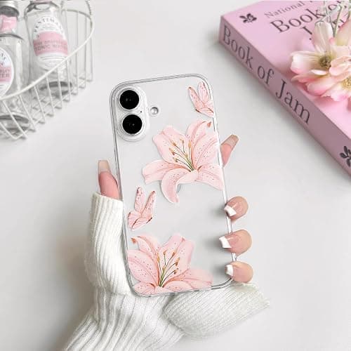 NITITOP Compatible with iPhone 16 Plus Case Clear Cute Butterfly Lily Flower Floral Pattern for Women Girls Full Camera Lens Clear Slim Shockproof Protective Phone Cover - Light Pink thumbnail 4