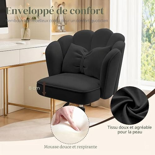 HDHNBA Vanity Chair Velvet Petal Desk Chair Upholstered Modern Tufted Home Office Chair with Back,Height Adjustable Computer Task Chair for Bedroom Living Room(Black) thumbnail 5