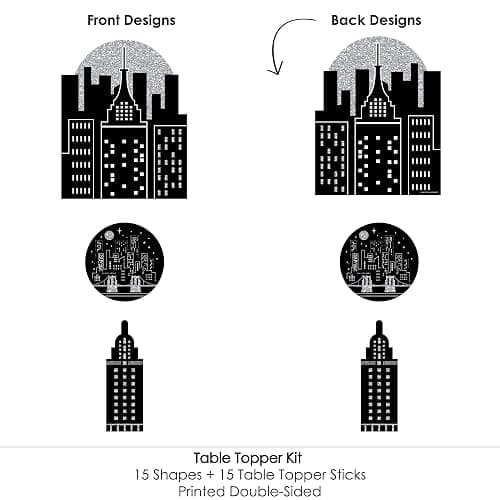 Nighttime City Skyline Party Centerpiece Sticks - Table Toppers - 15pc | Black & Silver Table Decorations, 3 Unique Cityscape Themed Shapes, Sticks and Stickers Included, USA-made thumbnail 4