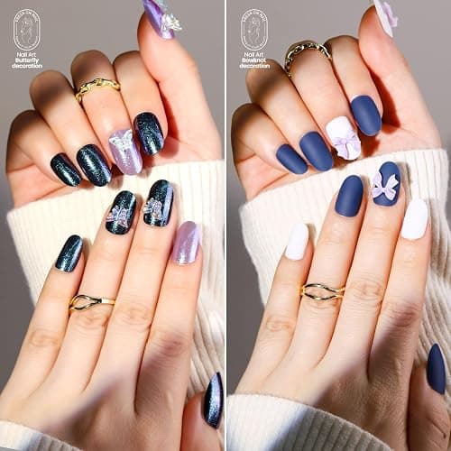 Teenitor 15 Packs Short Oval False Nails with Glue, Matte & Chrome Glitter Press on Nails Short, 360pcs Fake Nails Set with Glue on Nails for Women Girls Short Coffin Nails Tips with Nail Art Sticker thumbnail 7