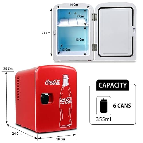 Coca Cola Mini Fridge for Bedroom Skincare Cosmatic Office 4L Small Refrigerator 6 Can Mini Refrigerator Dorm Fridge Portable Cooler 12V DC 110V AC Personal Travel Refrigerator Snacks Drinks Red thumbnail 3
