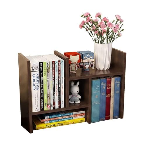 VOVCIG Desktop Organizer Expandable Office Storage Rack Adjustable Wood Display Shelf Rack Small Bookshelf Office Supplies Storage Shelf, 5 Units(Dark Brown) - Image 1