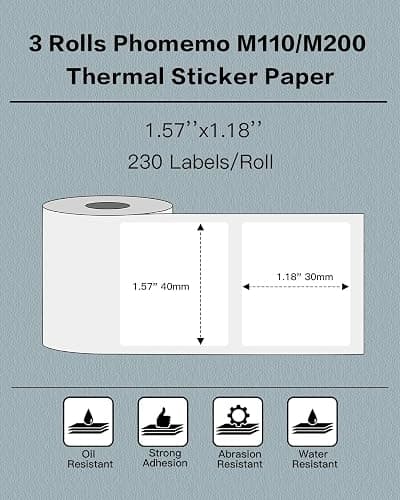 Phomemo Labels- 3 Rolls M110/M100/M220/M221/M150/M250/M108 Thermal Labels 1.57"x1.18"(40x30mm), M110 Label Multipurpose Square Self-Adhesive Paper, Name Labels for Kids, School, 230 Label/Roll thumbnail 2