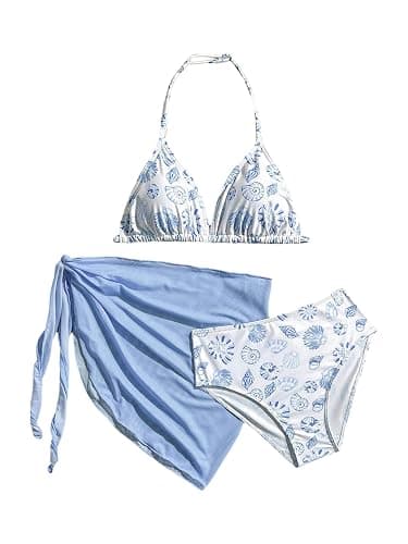 RoseSeek Girl's 3 Piece Swimsuits Floral High Waisted Bikini Bathing Suit with Mesh Coverups Skirt - Image 1