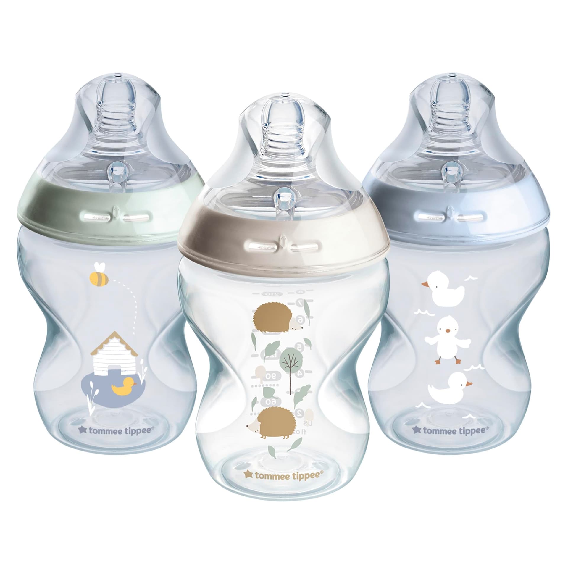 Tommee Tippee Baby Bottles, Natural Start Anti-Colic Baby Bottle with Slow Flow Breast-Like Teat, 260ml, 0m+, Self-Sterilising, Baby Feeding Essentials, Decorated, Pack of 3 - 3 Pack - Image 1