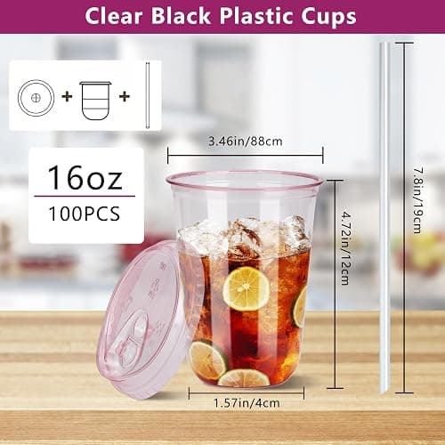 100 Sets 16oz Disposable Stemless Plastic Cups with Strawless Sip Lids, Clear PET Coffee Cups for Iced Coffee, Smoothies, Cold Drinks, Halloween, Christmas, Party and Drink Shop Supplies (Pink (16oz)) thumbnail 3