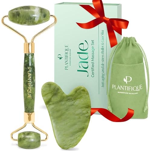 PLANTIFIQUE Jade Roller & Gua Sha Set – Real Jade Facial Tools for Skin Care Routine – Certified Face Massager for Radiant Skin - Image 1