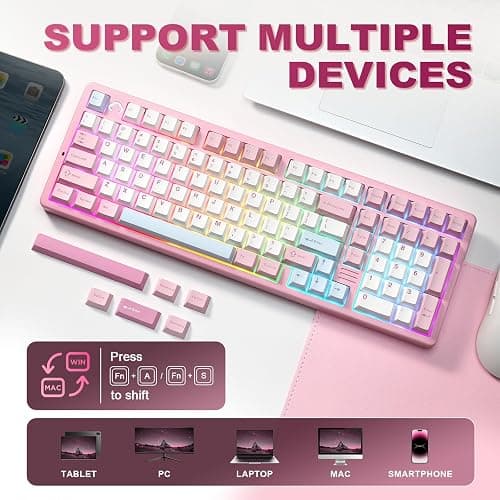 YUNZII AL98 QMK/VIA Wireless Mechanical Gaming Keyboard,Full Aluminum,BT/2.4G/USB-C, Pre-Lubed Hot Swappable Gasket Mount 1800 Layout,RGB Backlit for Win/Mac (Pink, Milk Switch) thumbnail 7