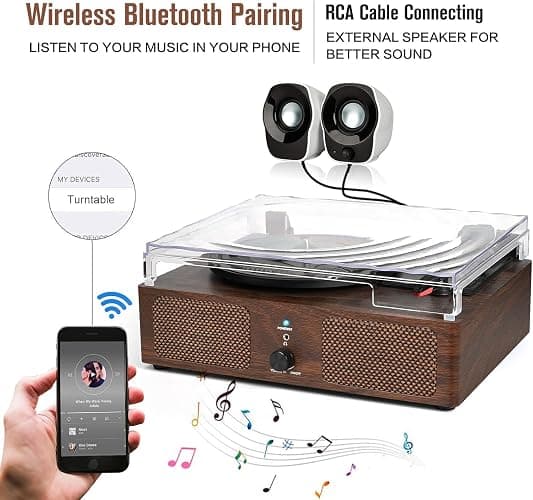 Udreamer Vinyl Player Record Player with Built-in Speakers, Bluetooth Turntable Belt-Driven, Vintage Phonograph with 3 Speeds for Musical Enjoyment and Home Decoration (coffee) - Coffee thumbnail 3