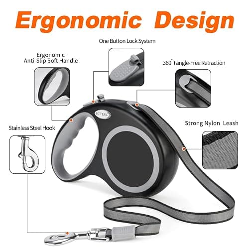 EC.TEAK Retractable Dog Leash 26 FT, Heavy Duty Dog Leash for Dogs up to 110lbs, Strong Nylon Tape No Tangle, One-Handed Brake, Pause, Lock, Perfect for Medium Large Dogs (Black, 26 FT(66-110 LBS)) thumbnail 2