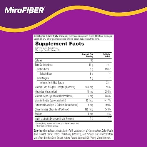 MiraFIBER Gummies, From The Makers of MiraLAX, Fiber to Support Your GLP-1 Journey, 8g Per Serving, Gut Health for Men & Women, Prebiotic Fiber Gummies for Adults, Mixed Fruit Flavor 72Ct thumbnail 7