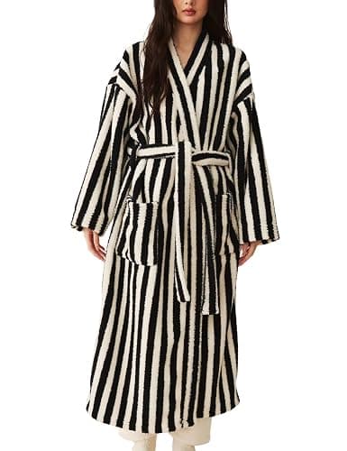 Arssm Womens Striped Fluffy Robe Long Plush Bathrobes Fuzzy Warm Cozy Thick Oversized Loungewear Maxi Robe thumbnail 2