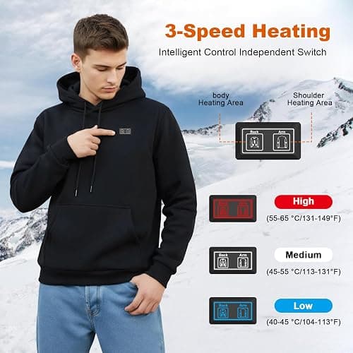 Brimekey Heated Hoodie for Men Women with Fleece Lining 20000mAh Battery | Heated Sweatshirt Fast Charge Winter Thermal Pullover Sweater Sweatshirt Coat for Men Women Black thumbnail 3