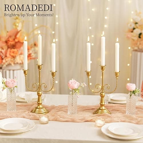 Romadedi Gold 3 Arm 11.8" Candelabra Candle Holders, Set of 2 | Wedding Candlestick Holder, Theme Party Table Centerpiece Decor, Dining Room, Birthday Holiday Christmas thumbnail 5