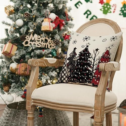AVOIN colorlife Merry Christmas Joy Xmas Trees Red Throw Pillow Covers, 18 x 18 Inch Christmas Winter Holiday Cushion Case Decoration for Sofa Couch Set of 4 thumbnail 6