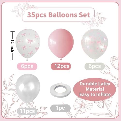 Pink Bow Balloons Light Pink and White Balloon 12inch Clear Bow Balloons Coquette Birthday Party Decorations Helium Latex Balloon for Arch Bridal Shower Bachelorette Weddiing Decor thumbnail 4