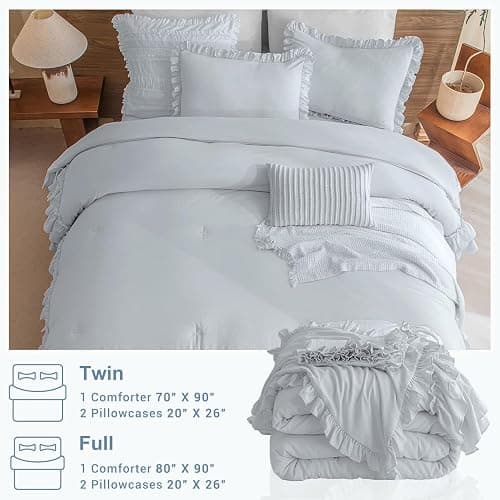 Masaca Ruffle Comforter Full Size,3 Pieces Farmhouse Shabby Boho Chic Full Bedding Set,Vintage Ruffled Rustic Light Blue Bedding Comforter Set for All Season thumbnail 6