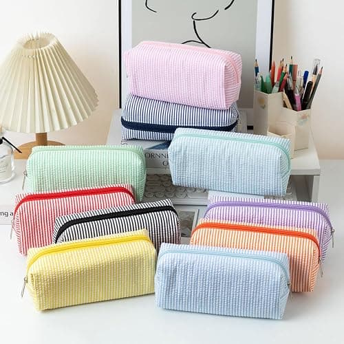 HFHungkeong Cute Pencil Case, Seersucker Pencil Bag Desktop Stationery Finishing Large Capacity Embroidery Striped Travel Storage Bag, Multifunctional Cosmetic Pouch(Pink White) thumbnail 3