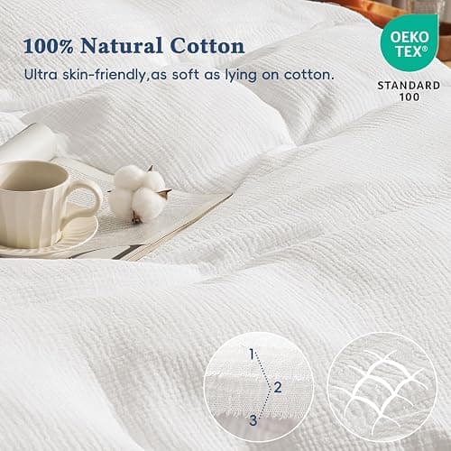 David's Home 100% Cotton Muslin Duvet Cover Set Queen Size,3 Pcs Ultra Soft Breathable & Lightweight Gauze Bedding Set with 2 Pillowcases,Textured Home Decor with Button, 90"×90" White,No Insert thumbnail 2