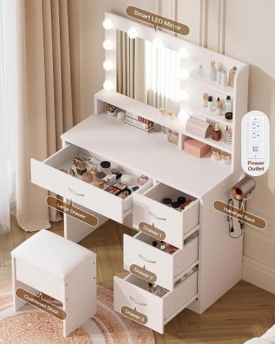 LIVELYGLOW White Makeup Vanity Desk with Charging Station & 4 Drawers | 10 LED Bulbs, HD Mirror, Cushioned Stool, Hairdryer Rack thumbnail 6