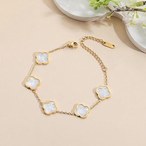 AIPPK 18K Gold Plated Clover Lucky Bracelet for Women White/Black/Red/Green Flower Four Leaf Link Bracelets Trendy Jewelry Gifts for Women thumbnail 7