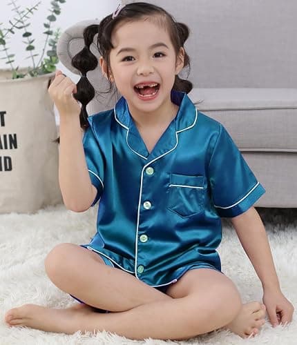OEIU Girls Boys Silky Satin Pajamas Set 3 Pcs for Kid Children Silk pjs Set Sleepwear Button-up Nightwear thumbnail 2