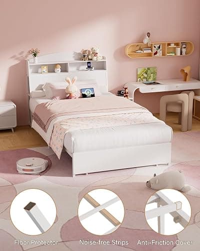 Wooden Twin Bed Frame with Smart Storage Headboard & Drawer, 3-in-1 USB Charging Station, No Box Spring Required, Non-Slip Design, Perfect for Kids, Teens, or Guest Room (No Door White, Twin) thumbnail 5