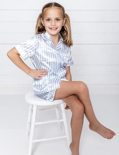 Arshiner Girls Pajamas Silk Satin Pajama Sleepwear Button Down Kids Pj Set | Soft Comfortable Silky Fabric, 2-Piece Pjs, Cute Pajamas for Little & Big Girls, Ideal for Lounging and Sleeping thumbnail 3