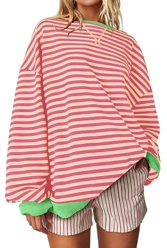 UEU Women Oversized Striped Crewneck Sweatshirt Long Sleeve Color Block Pullover Tops Casual Loose Workout Shirt - Image 1