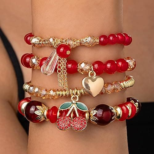 JWIGP 4Pcs Cherry Bracelet Set for Women, Red Beaded Pendant Stretch Layered Gold Plated Crystal Charm Bracelets Jewelry Stackable Boho Christmas Accessories Gift thumbnail 3