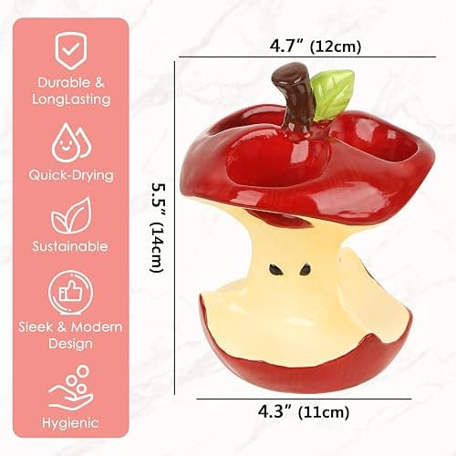 DODAMOUR Ceramic Apple Toothbrush Holder, 3 Slot Bathroom Organizer, Cute Apple Core Design Countertop Accessory, Glazed Vanity Stand Fits Slim Electric Brushes (Red) thumbnail 3
