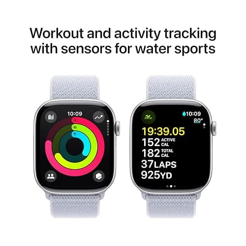 Apple Watch Series 10 [GPS 46mm case] Smartwatch with Silver Aluminium Case with Blue Cloud Sport Loop. Fitness Tracker, ECG App, Always-On Retina Display, Carbon Neutral thumbnail 6