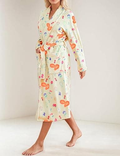 TIKITIDES Women Fleece Fruit Print Robe Cute Robes for Women Spring Summer Lightweight Bathrobe Soft Flannel Gown with Belt thumbnail 5