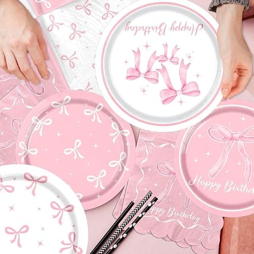 Pink Bow Birthday Party Supplies Serve 24, Coquette Birthday Decorations Include Bow Plates Napkins Cups Banner Tablecloth Cake Topper Balloons Bow Theme Tableware for Girls Bachelorette Decor thumbnail 2