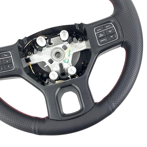 Black Side Perforated Leather Red Marker Steering Wheel Protector Cover Hand-Stitch on Wrap Fit for Dodge Ram Heavy Duty 1500/2500/3500/4500/5500 2013-2019 (Red Mark Strip) thumbnail 7