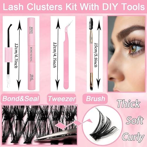 Lash Clusters Kit, 640 Pcs Eyelashes Clusters Extensions Kit 9-16mm Individual Lashes D Curl Fluffy Wispy False Eyelashes Thin Band, with Bond Seal Tweezers Brush DIY (30D+40D+50D+60D Kit 9-16mm) thumbnail 3