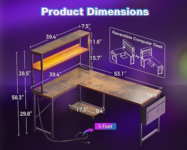 AODK L Shaped Desk Gaming Desk with LED Light & Power Outlet, 53 Inch Reversible L Shaped Computer Table with Shelf & Storage Bag & Hook for Home Office, Vintage thumbnail 3