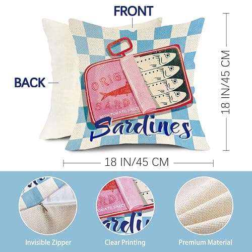 Fjfz Sardines Can Decorative Throw Pillow Covers 18 x 18 Set of 4, Beach Coastal Fish Fisherman Aesthetic Porch Outdoor Home Decor, Retro Nautical Plaid Stripes Argyle Sofa Couch Cushion Case thumbnail 3