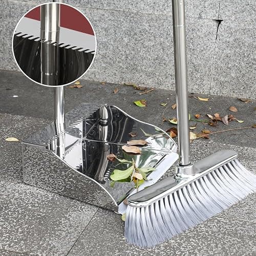 Metal Dustpan with Broom Set, Long Handle Stainless Steel Dustpan,Heavy Duty Standing Dust Pan with Teeth, Indoor Outdoor Up for Home Kitchen Lobby Room Office thumbnail 3