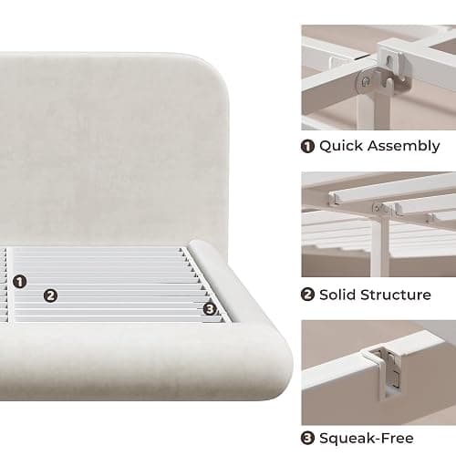 RECCI Airframe Bread Queen Curved Cloud Platform Bed Frame | Fully Cushioned Foam Arched Panels and Soft Rounded Headboard, Easy to Assembly, Beige Chenille Fabric for Aesthetic Bedrooms thumbnail 8